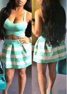 Rosewe Turquoise Crop Top And Stripe Print Mini Skirt