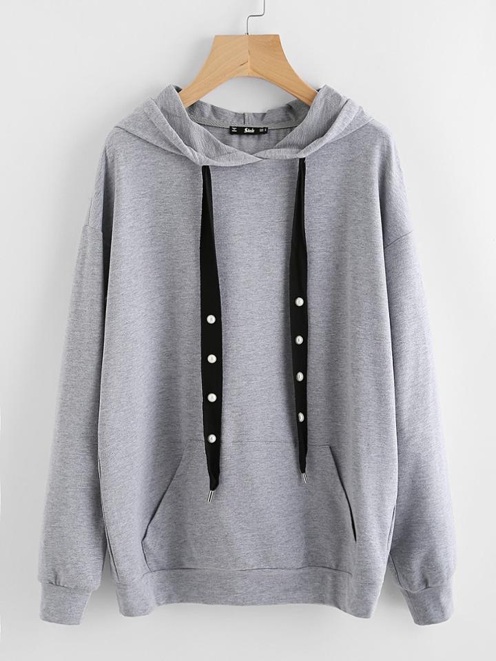 Shein Pearl Beading Drawstring Heather Knit Hoodie