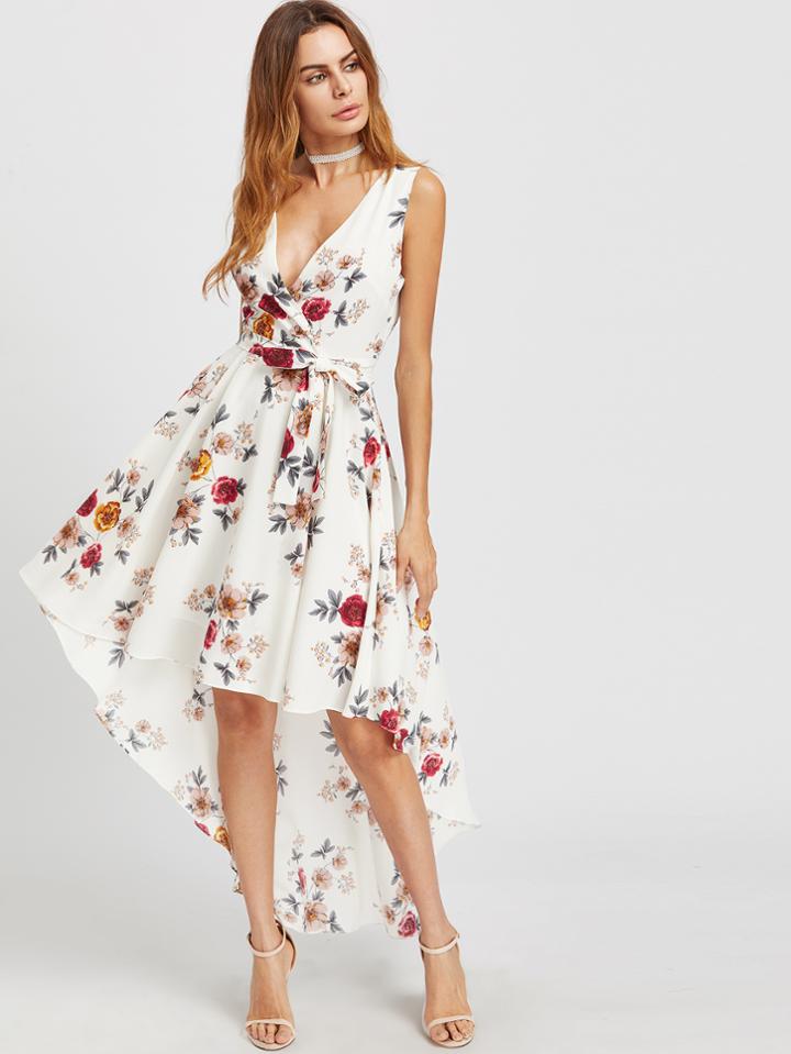 Shein Surplice Neckline Florals Dip Hem Dress With Belt