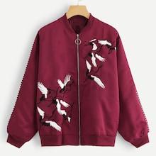 Shein Crane Embroidered Zip Up Jacket