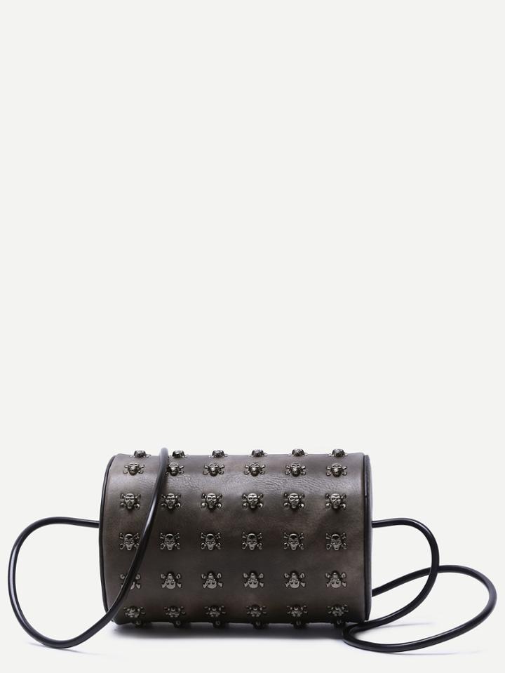 Shein Brown Metallic Skull Embellished Pu Barrel Bag