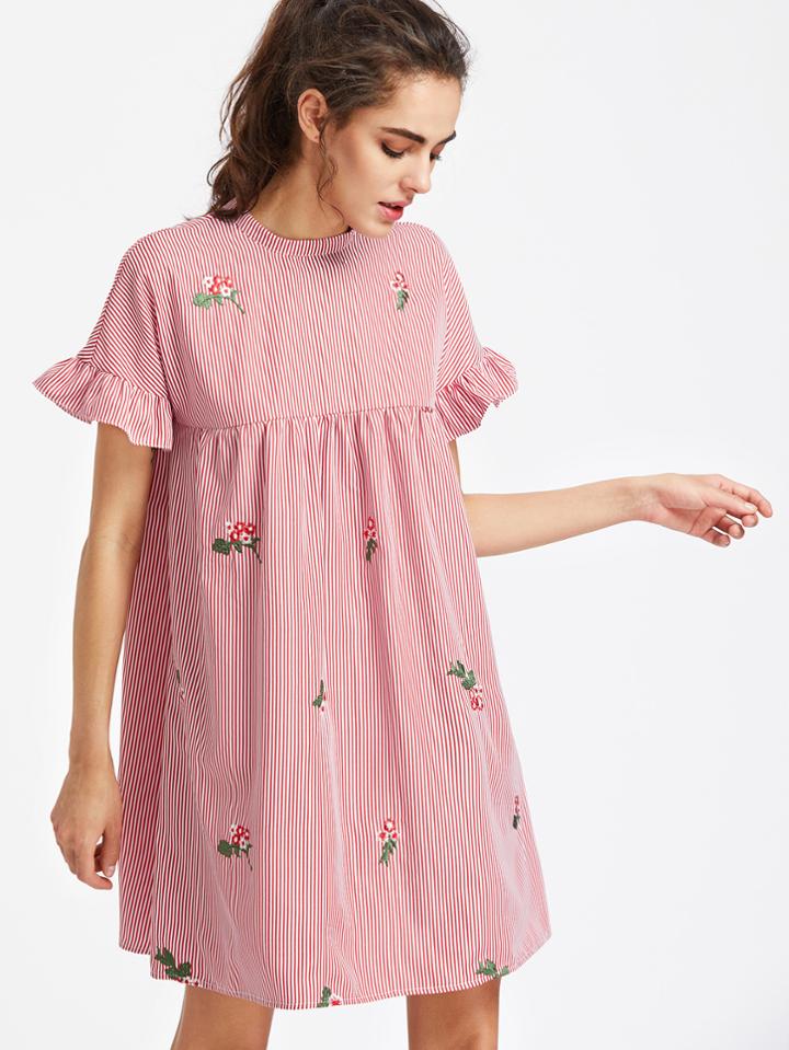 Shein Bow Tie Back Frill Sleeve Embroidered Striped Babydoll Dress