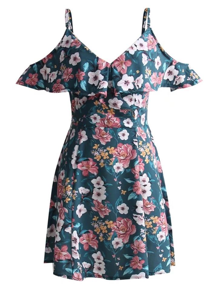 Shein Calico Print Open Shoulder Flounce Dress