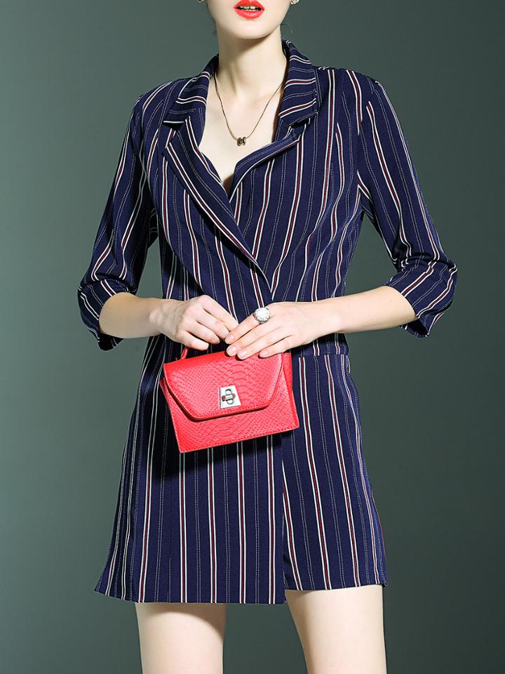 Shein Navy Lapel Color Block Striped Jumpsuit