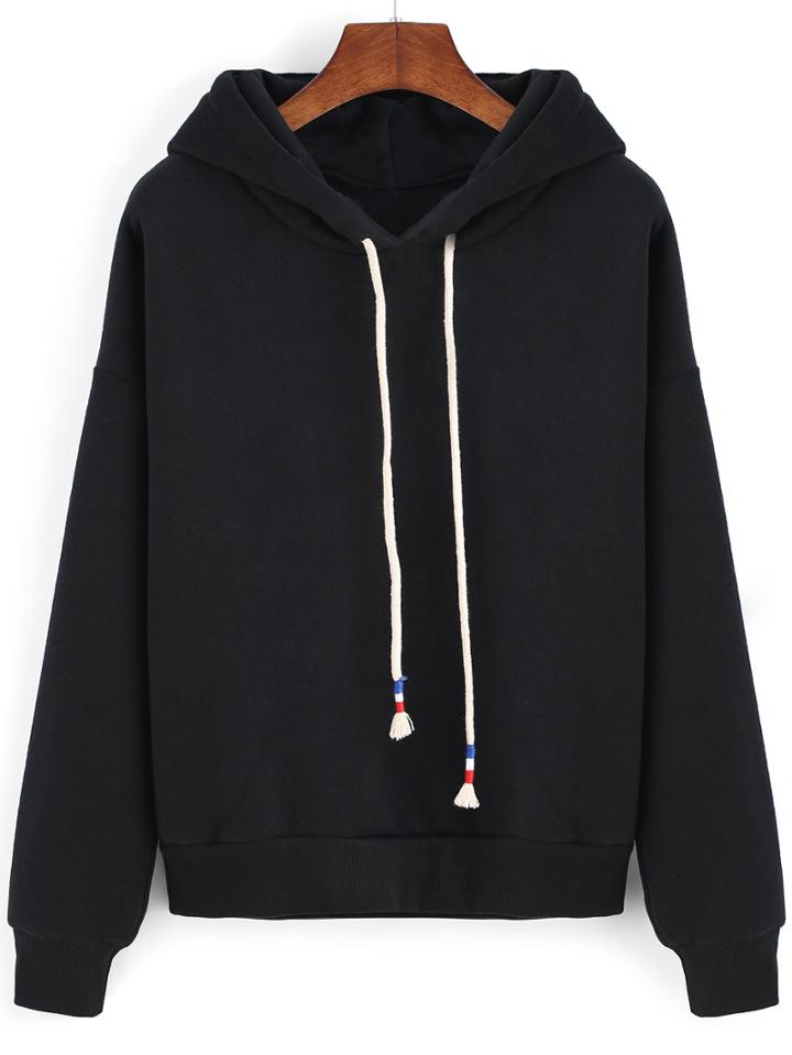 Shein Black Hooded Drawstring Crop Sweatshirt