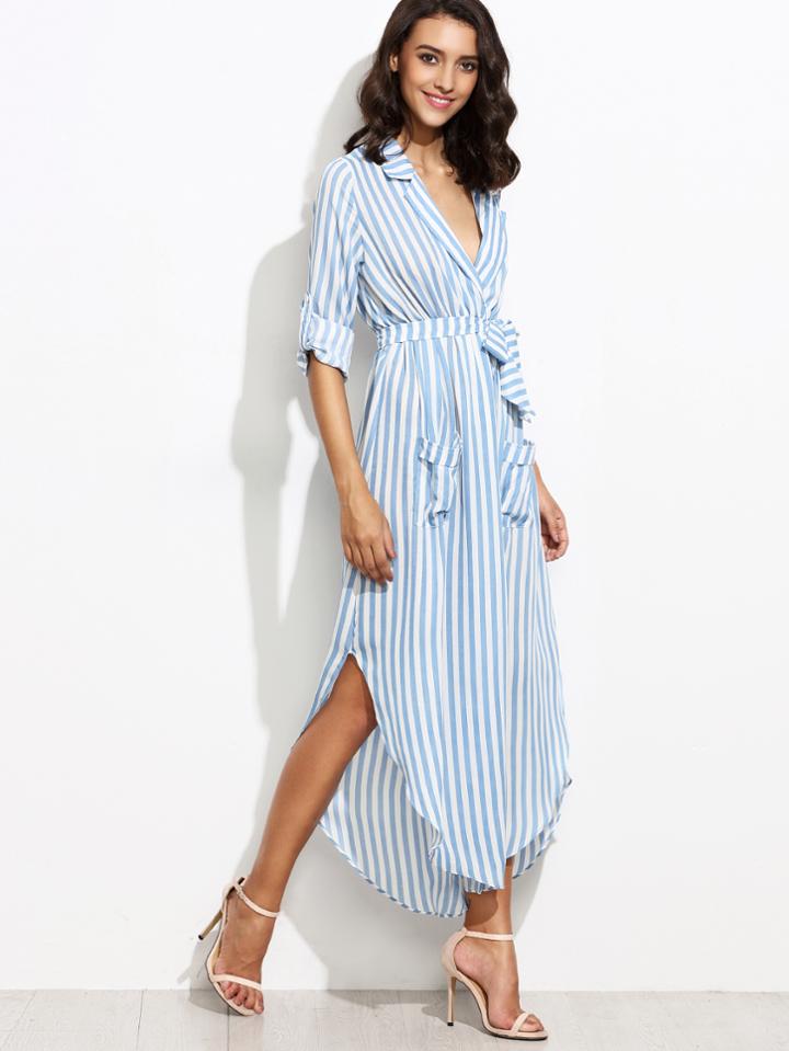 Shein Contrast Vertical Striped Self Tie Shirt Dress