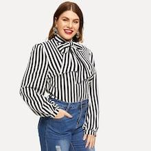 Shein Plus Vertical-stripe Tied Neck Blouse