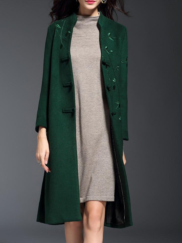 Shein Green V Neck Embroidered Pockets Split Coat