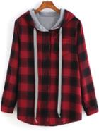 Shein Red Hooded Long Sleeve Plaid Pocket Sweatshirt