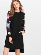 Shein Contrast Floral Print Sleeve Dip Hem Dress
