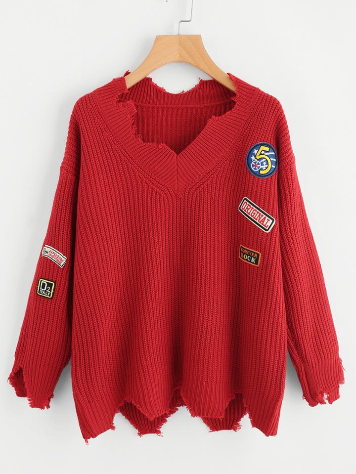 Shein Embroidered Patch Detail Raw Cut Sweater