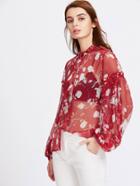 Shein Ruffle Collar Bishop Sleeve Sheer Blossom Blouse