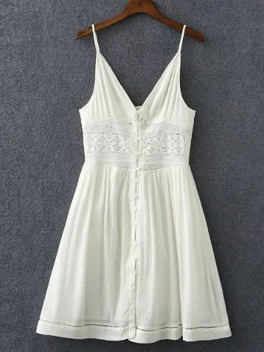 Shein White V Neck Spaghetti Strap Buttons Dress