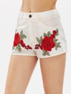 Shein Embroidered Flower Patch Topstitch Shorts
