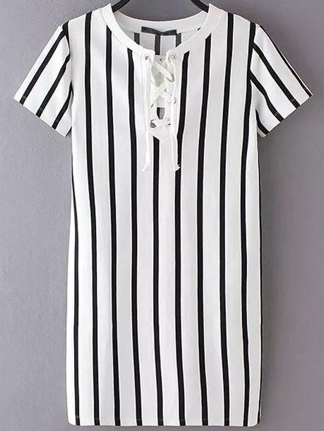Shein Black And White Stripe Lace Up Dress