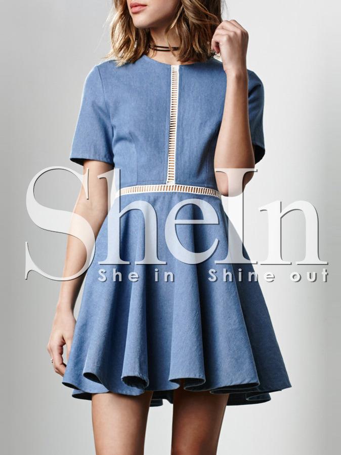 Shein Blue Short Sleeve Hollow Insert Flare Dress
