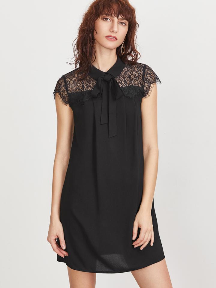 Shein Black Tie Neck Floral Lace Shoulder Dress