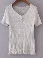 Shein Grey V Neck Pearl Ruched Knitted Short Sleeve Blouse