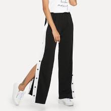 Shein Stripe Contrast Button Wide Leg Pants