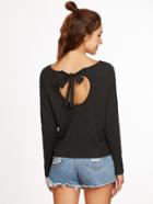 Shein Black Ribbed Knit Bow Tie Cutout Back T-shirt