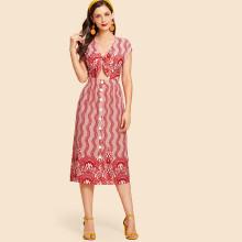 Shein Knot Cutout Front Button Up Dress