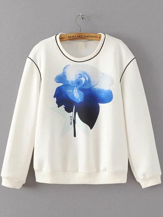 Shein White Floral Print Round Neck Sweatshirt