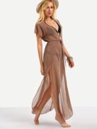 Shein Brown Drawstring Waist V Neck Split Dress