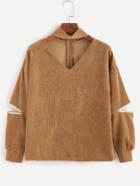 Shein Khaki V Cut Corduroy Zippers Blouse