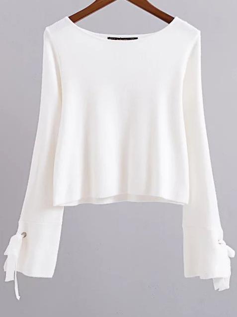 Shein White Round Neck Tie Sleeve Knitwear