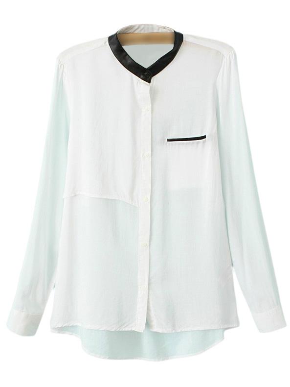 Shein White Stand Collar Dip Hem Pocket Blouse