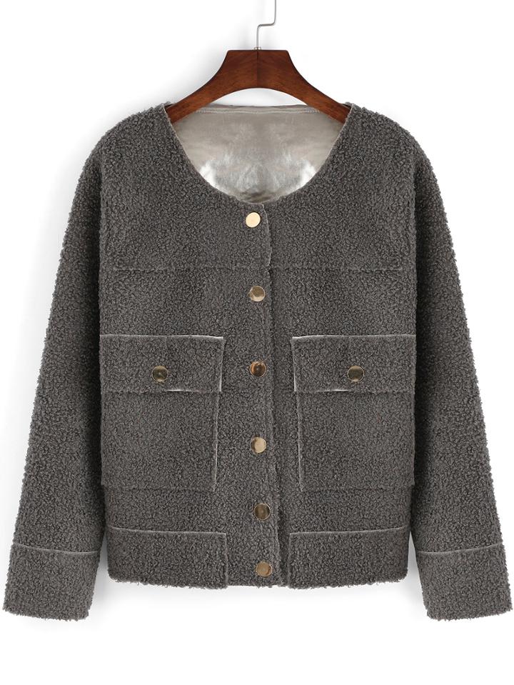 Shein Grey Long Sleeve Buttons Pockets Coat