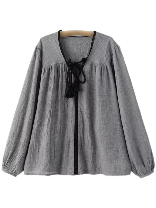 Shein Grey Lantern Sleeve Tassel Tie-neck Cotton Hemp Blouse