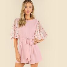Shein 3d Applique Embroidered Mesh Flutter Sleeve Belted Romper