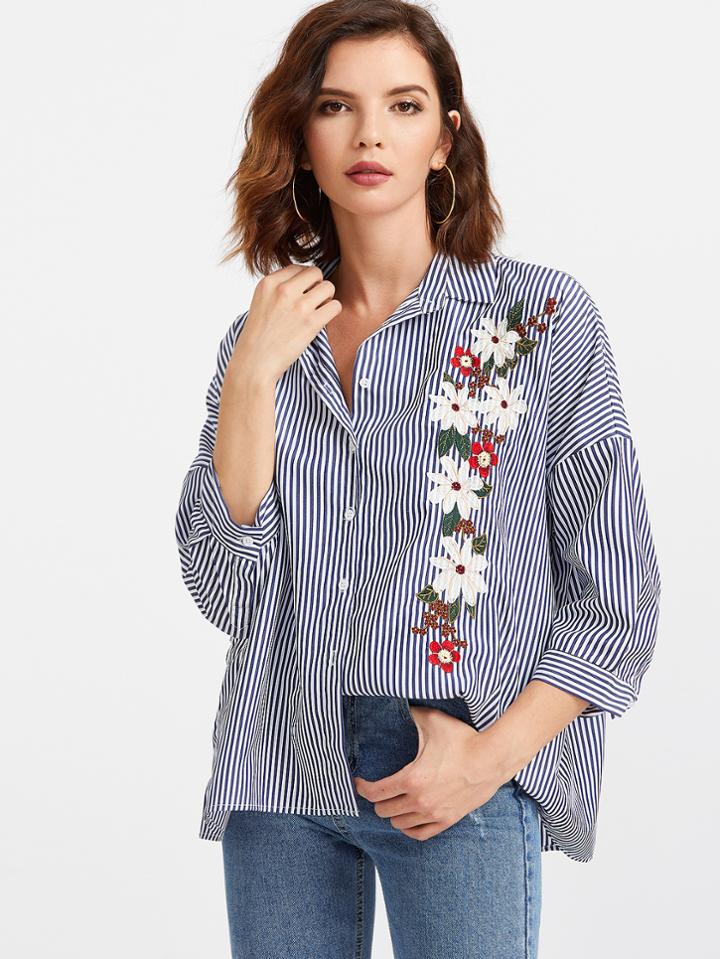 Shein Vertical Striped Flower Embroidered Drop Shoulder Blouse