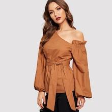 Shein Frilled Asymmetric Shoulder Bishop Sleeve Top