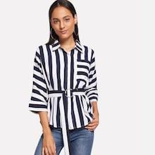 Shein Striped Self Tie Waist Blouse