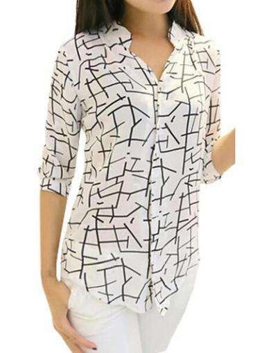 Rosewe Line Print Three Quarter White Chiffon Blouse