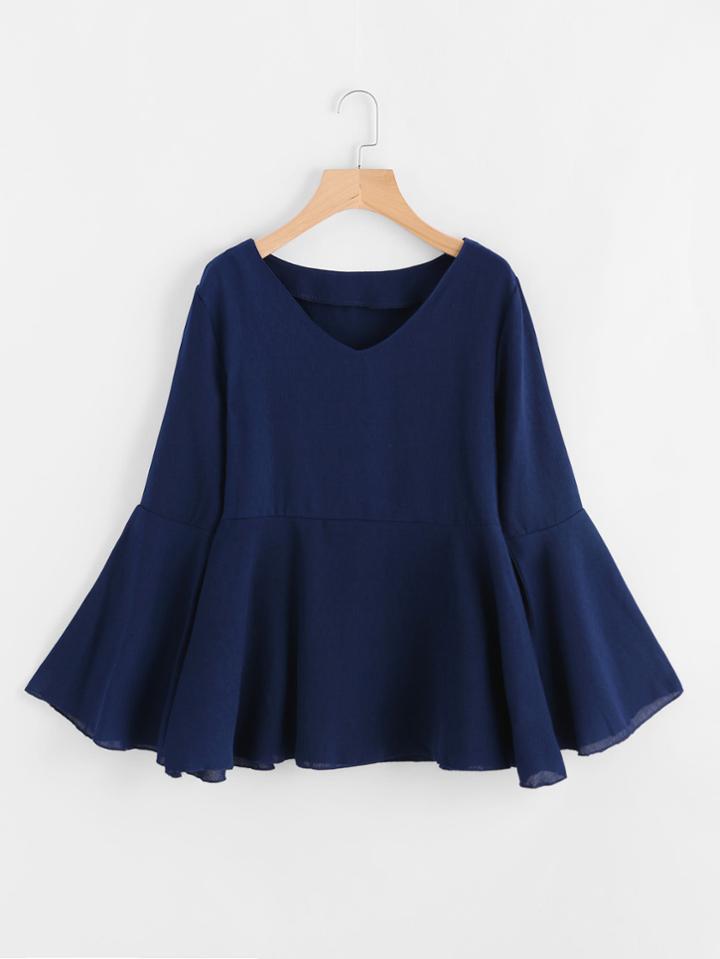 Shein V Neckline Fluted Sleeve Frill Hem Blouse