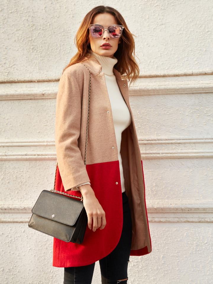 Shein Contrast Stand Collar Button Up Wool Blend Coat