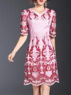 Shein Pink V Neck Gauze Embroidered Dress