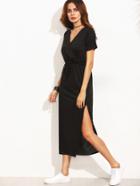 Shein Black Surplice Front Drawstring Waist Slit Midi Dress