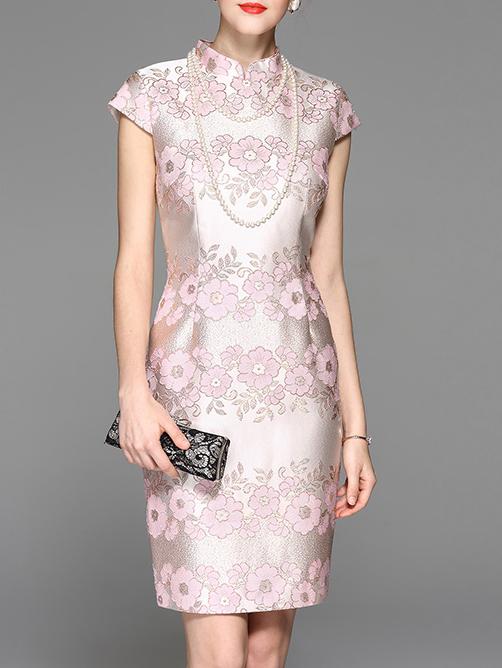 Shein Pink Cap Sleeve Flowers Embroidered Sheath Dress
