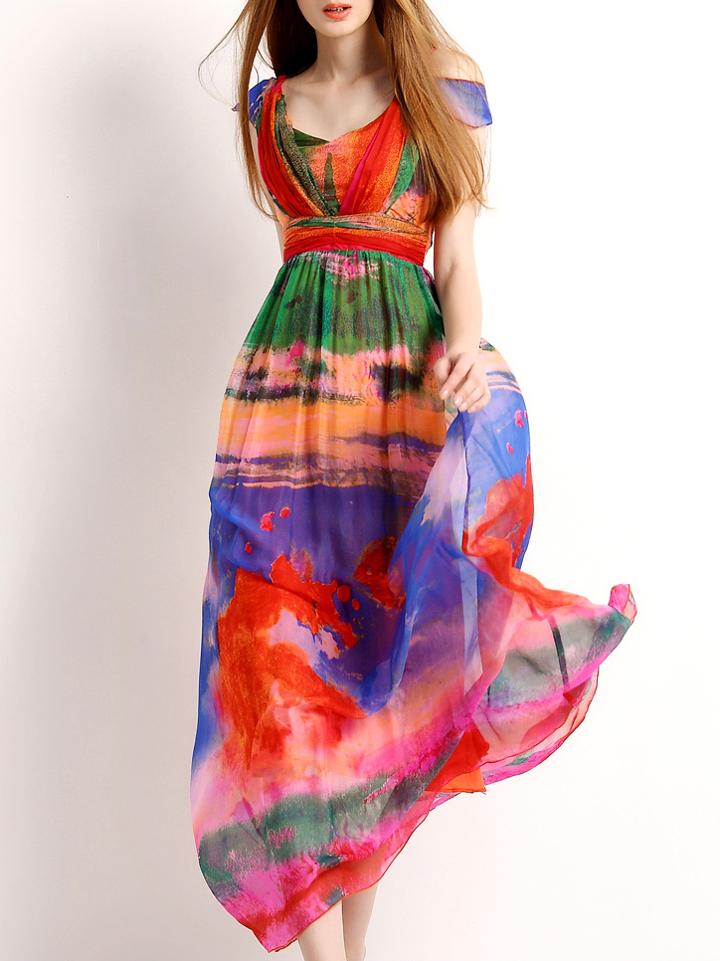 Shein Multicolor Off The Shoulder Print Maxi Dress