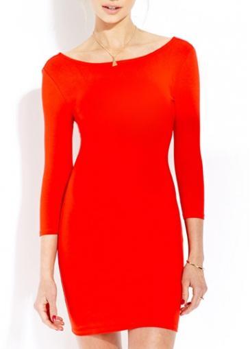 Rosewe Catching Solid Red Three Quarter Sleeve Open Back Dress