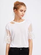 Shein Embroidered Paneled Mesh Cut Out Neckline Blouse