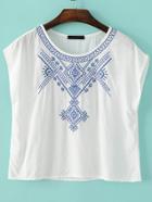 Shein White Round Neck Embroidered Loose T-shirt