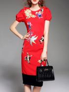 Shein Red Cartoons Embroidered Sheath Dress