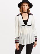 Shein Embroidery Tape Shoulder And Sleeve Contrast Binding Smock Blouse