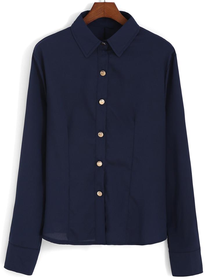 Shein Blue Lapel Zipper Long Sleeve Buttons Blouse