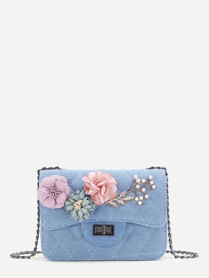 Shein Applique Flower Quilted Denim Bag